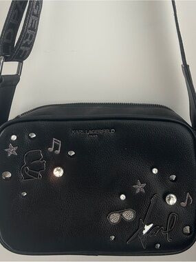 Karl Lagerfeld Black Leather Patch Crossbody with Silver Accents